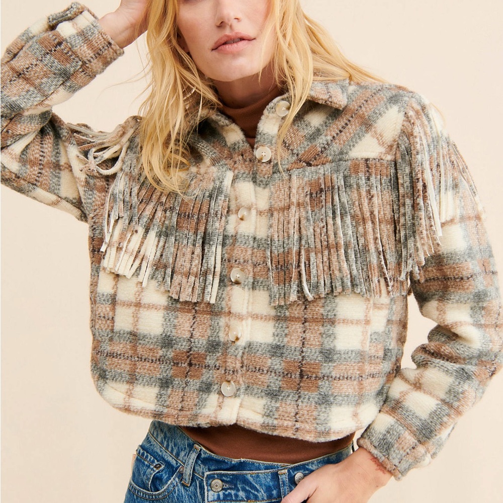 BLANK NYC Jacket Women XS  Beige Wool Blend Plaid Take Note Fringe Cropped